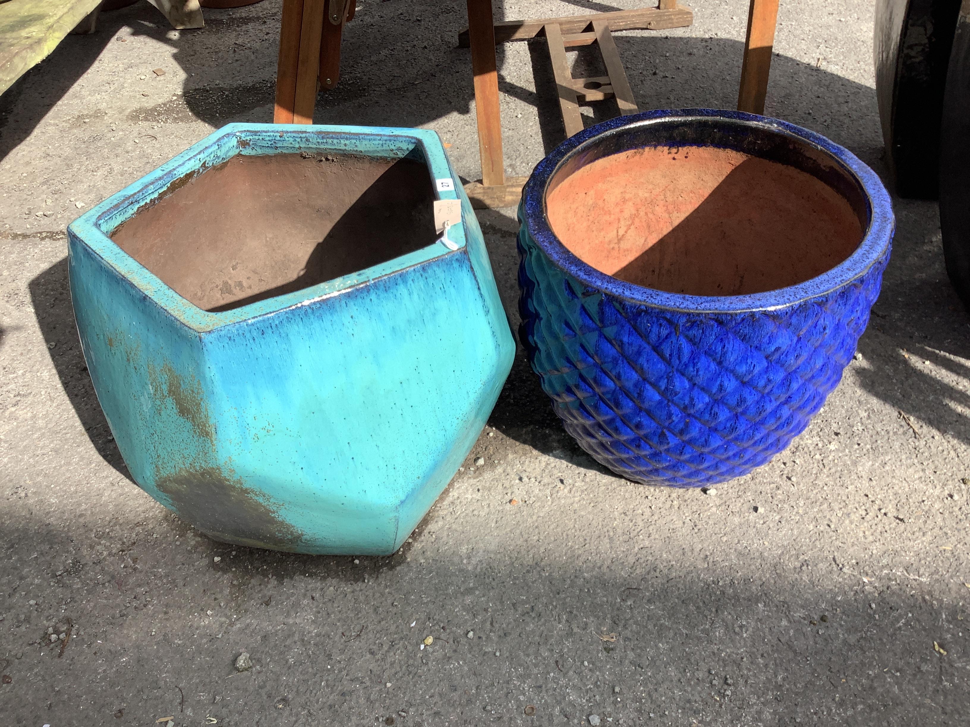 Two large blue glazed garden planters, larger width 52cm, height 49cm